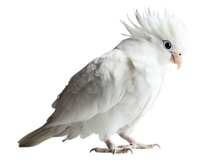 PNG of A striking white crested cockatoo perched elegantly, showcasing its vibrant plumage and playful demeanor.