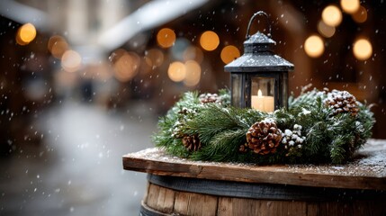 Festive lantern with wreath on barrel in falling snow