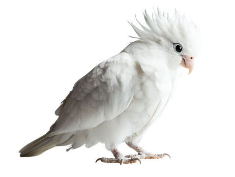PNG of A striking white crested cockatoo perched elegantly, showcasing its vibrant plumage and playful demeanor.