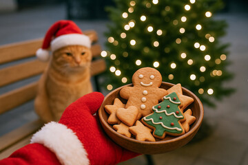 Santa's gloved hand holding bowl of festive cookies near cat by christmas tree. concept of holiday baking, pet companionship, christmas season warmth