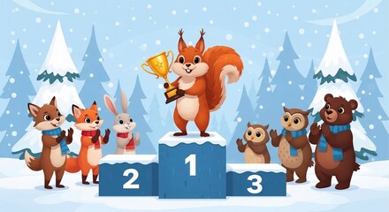 Fototapeta premium Cartoon forest animals celebrating a squirrel holding a trophy on a snowy podium in winter wonderland. concept of achievement, teamwork, festive celebration