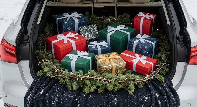 Christmas gifts in car trunk with festive wrapping and pine branches. concept of holiday present delivery, festive decor, cheerful celebration