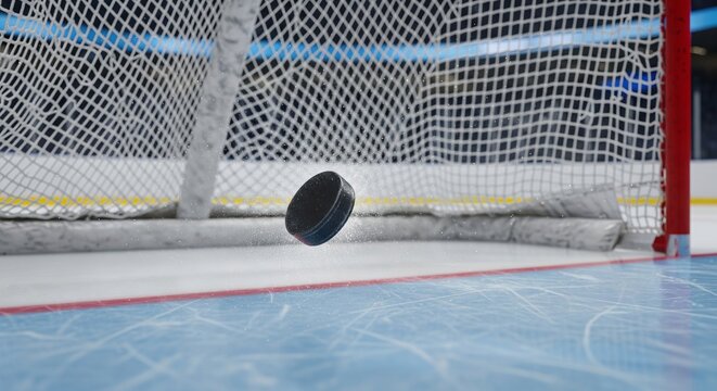 Exciting ice hockey puck in mid-air near goal on ice rink. concept of fast-paced winter sport, goal scoring moment, competitive ice hockey action.