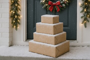 Snow-covered gift delivery boxes at doorstep during winter festive season in front of decorated doorway. concept of holiday delivery, winter decor, festive season