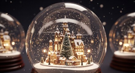 Christmas snow globe featuring charming winter village with snowflakes gently falling. concept of festive decor, winter wonderland, holiday decoration