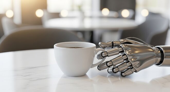 Robotic hand holding a coffee cup on marble table in modern cafe. concept of technology integration, futuristic lifestyle, coffee culture