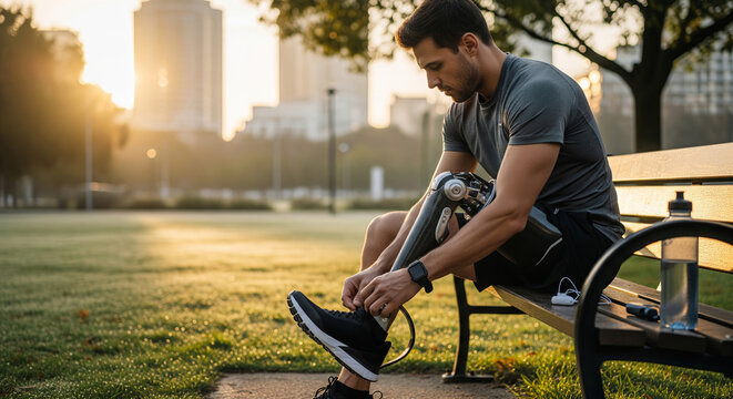 Young caucasian man with prosthetic leg tying shoelaces on a park bench during sunrise. concept of determination, adaptive sports, outdoor fitness lifestyle.