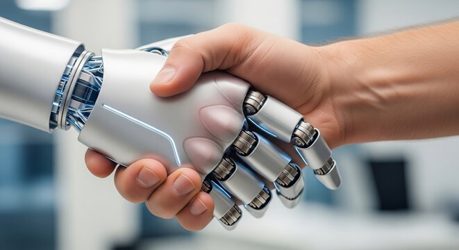 Human hand shaking robotic hand symbolizing unity and collaboration between humans and machines in a modern technological world