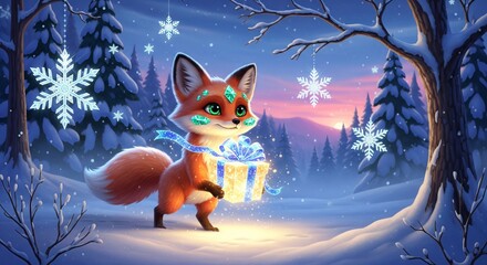 Fototapeta premium Whimsical fox carrying sparkling gift in snowy forest with magical snowflakes at sunset. concept of winter wonderland, animal fantasy, whimsical illustration