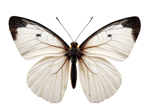 PNG of A striking white butterfly with dark markings on its wings, showcasing intricate patterns and delicate features.