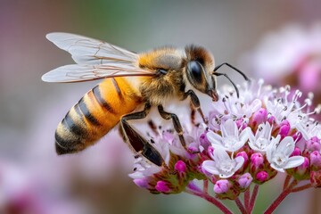 Honeybee collecting nectar for pollination on purple flower