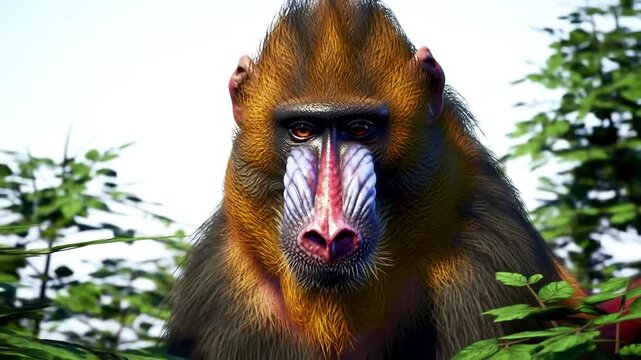 Stunning Mandrill: A Detailed Portrait Showcasing its Vivid Facial Features and Fur