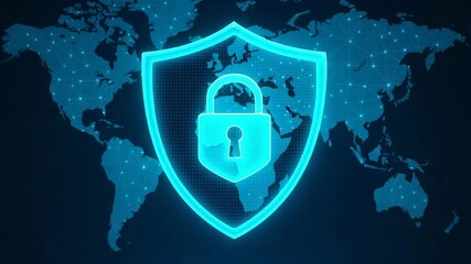 A futuristic lock symbol on a digital world map representing cybersecurity and data protection in the modern age. - Powered by Adobe