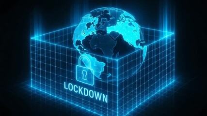 A digital representation of a lockdown scenario, showcasing a globe secured within a grid, symbolizing global restrictions and challenges. - Powered by Adobe