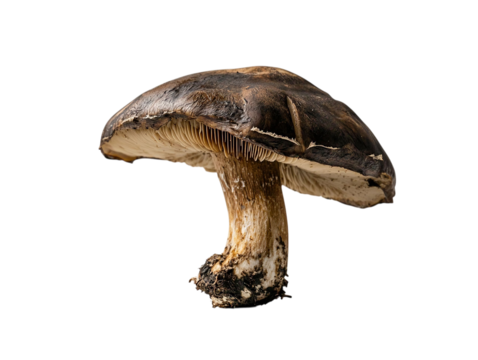 PNG of A close-up view of a dark, rustic mushroom, showcasing its unique texture and intricate gills against a black background.