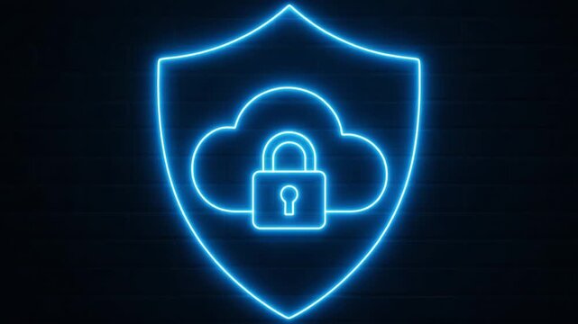 A glowing blue shield with a cloud and a lock icon, representing cybersecurity and data protection in the digital age.