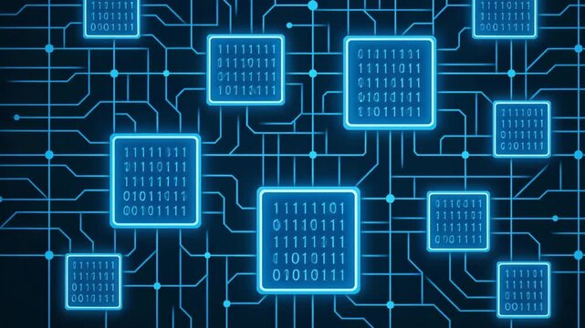 Abstract digital circuit board with glowing blue microchips and binary code illustrating modern technology and innovation. - Powered by Adobe