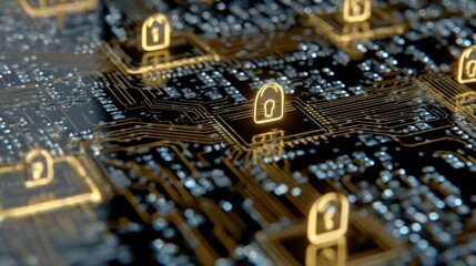Golden lock icons on a dark circuit board representing cybersecurity and data protection concepts design