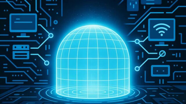 A futuristic digital dome showcasing network connectivity and advanced technology with glowing circuits and data flow visualization.