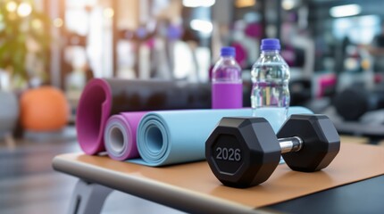 A gym scene with exercise mats, dumbbells, and water bottles. The dumbbell is labeled '2026', symbolizing New Year fitness goals.