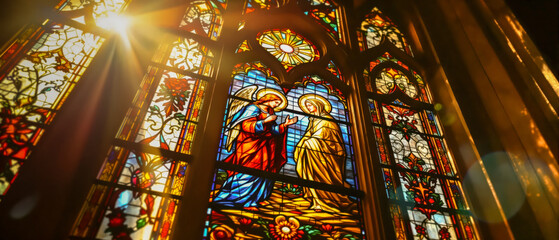 Sunlight shining through colorful stained glass windows in a gothic cathedral interior