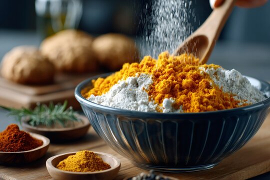 Adding spices and flour to bowl for cooking