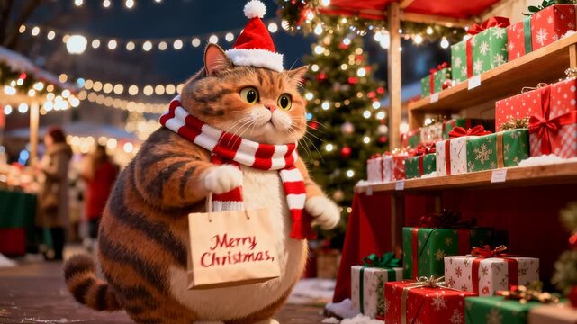 Curious animated cat at outdoor Christmas market. Chubby feline in Santa hat holds shopping bag near gift stalls. Camera panning and tilting.