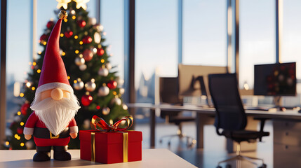 A cute decorative gnome next to a gift box on an office desk against the background of a decorated Christmas tree and panoramic windows