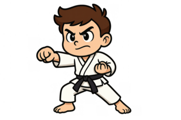 Cartoon boy doing karate fighting stance, wearing white gi and black belt, practicing martial arts