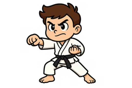 Cartoon boy doing karate fighting stance, wearing white gi and black belt, practicing martial arts