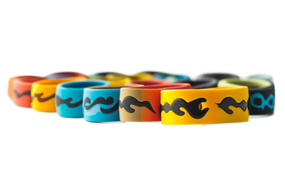 Creative arrangement of colorful Movember wristbands emphasizing health awareness and stylish accessories isolated on transparent background PNG
