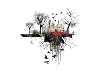 PNG of A haunting landscape blending gothic ruins with eerie trees, creating a surreal and atmospheric scene.