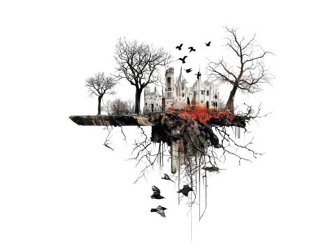 PNG of A haunting landscape blending gothic ruins with eerie trees, creating a surreal and atmospheric scene.