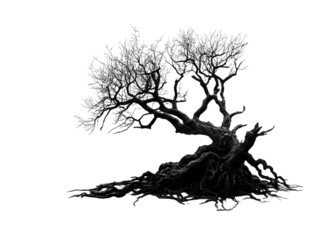PNG of An ancient, gnarled tree with twisted branches and intricate roots, exuding a sense of timelessness and resilience.