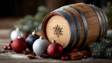 Christmas barrel with holiday ornaments and spices on snow