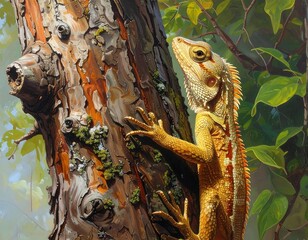 Golden lizard climbing a tree trunk in a lush forest environment artwork