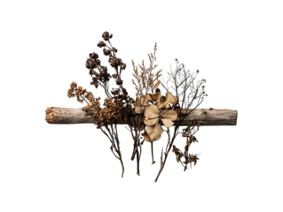 PNG of Dried flowers and foliage artfully arranged on a rustic wooden stick, showcasing nature's beauty in muted tones.