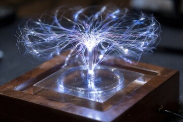 A plasma lamp with glowing filaments on a wooden base with a transparent ring and square platform