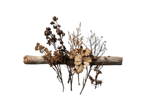 PNG of Dried flowers and foliage artfully arranged on a rustic wooden stick, showcasing nature's beauty in muted tones.