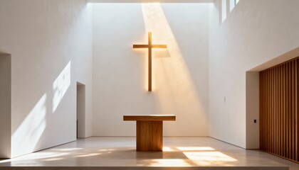 Modern minimalist church interior with a wooden cross and altar. A beam of light illuminates the Christian symbol of faith. Spirituality and hope concept in a contemporary chapel