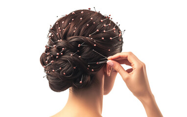 Artistic hairstyling on runway with stylist crafting an elegant pinned updo emphasizing sophistication and glamour isolated on transparent background PNG