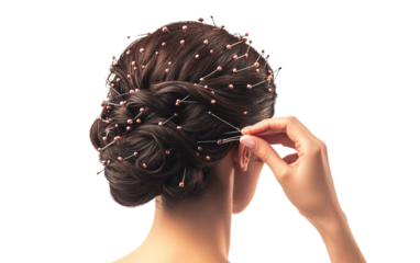 Artistic hairstyling on runway with stylist crafting an elegant pinned updo emphasizing sophistication and glamour isolated on transparent background PNG