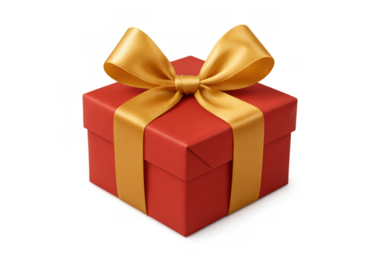 Red gift box with golden ribbon bow representing presents, celebrations, holidays, anniversaries, and special events