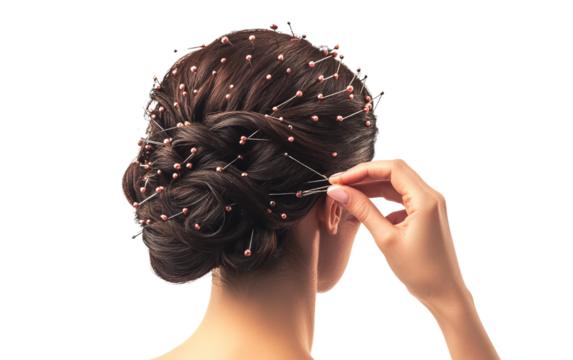 Artistic hairstyling on runway with stylist crafting an elegant pinned updo emphasizing sophistication and glamour isolated on transparent background PNG