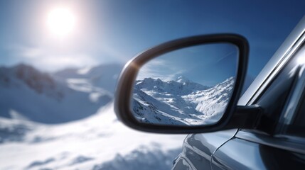 close up of a sleek car side mirror reflecting a breathtaking sunny winter mountain landscape, crystal clear snow peaks, bright blue sky, sharp