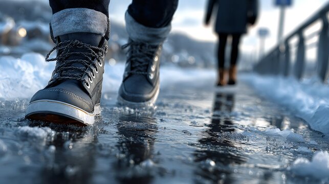 Person walking on slippery icy sidewalk in winter