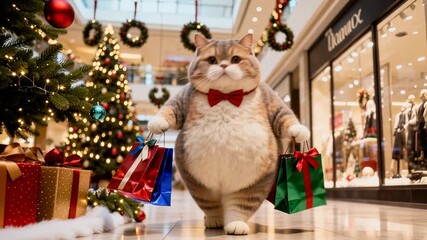 Feline shopper carrying gift bags in festive Christmas mall. Holiday retail experience with decorated tree. Dynamic tracking shot with panning and tilting. - Powered by Adobe