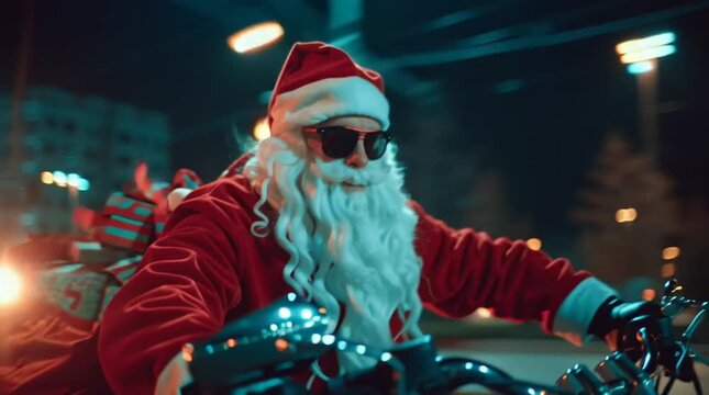 Cool Santa on Motorcycle at Night &mdash; Modern Christmas Action Video