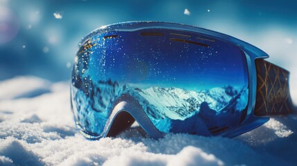 close up of glossy ski goggles showing sharp reflection of sunny alpine slopes, blue sky, bright snow sparkles, ultra detailed textures on goggles