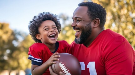 happy portrait of an African American father and his young son in red jerseys, laughing together outdoors. Use for family bonding, sports coaching, childhood joy, parenting